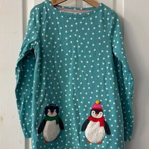 Mini Boden Teal Polka Dot Dress with Penguins 9-10Y